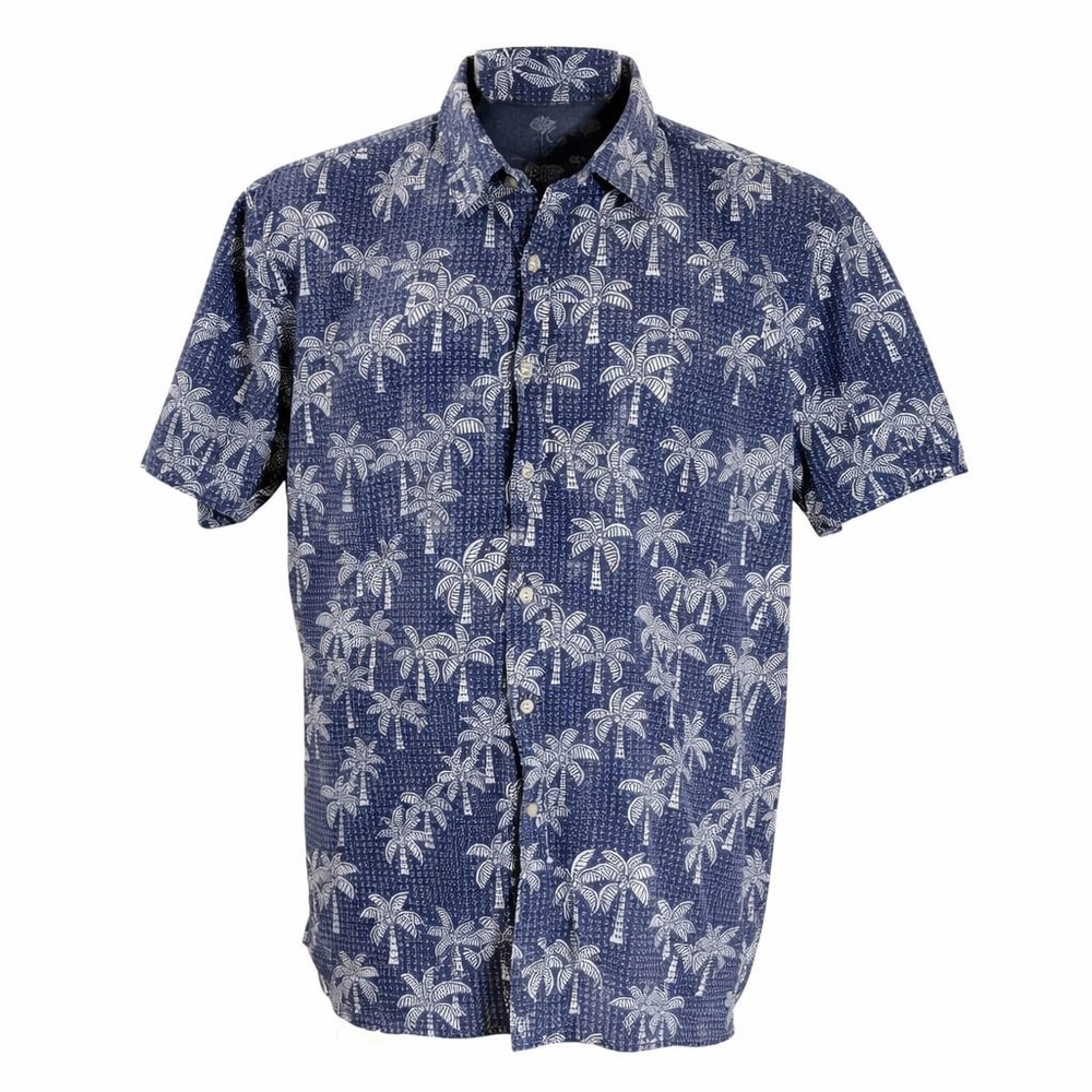 Cooke Street Hawaiian Aloha Shirt 2XL Palm Trees Floral Geometric Blue Gray